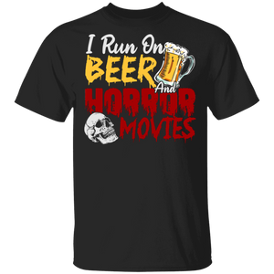 Halloween Beer Movie Lover Shirt I Run On Beer And Horror Movies Funny Skull Beer Drinking Movie Lover Gifts Halloween T-Shirt - Macnystore