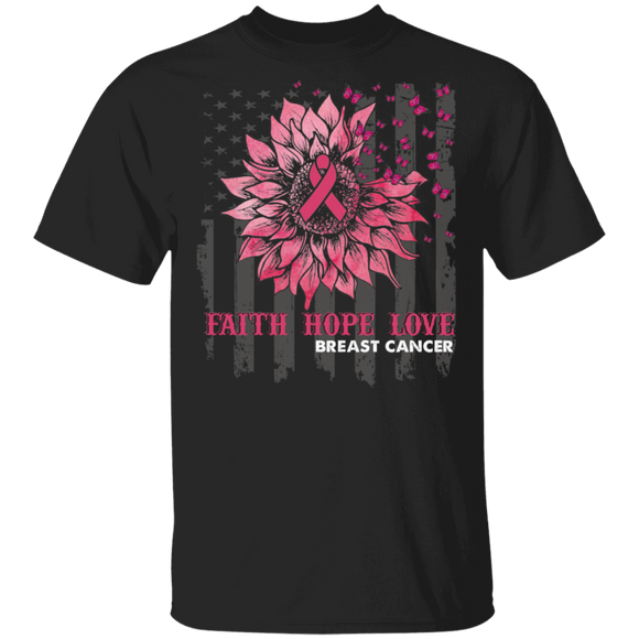 Faith Hope Love Breast Cancer Cute Pink Ribbon Sunflower American Flag Shirt Matching Breast Cancer Awareness Gifts T-Shirt - Macnystore