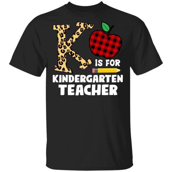 Teacher Shirt K Is For Kindergarten Teacher Funny Teacher Leopard Red Plaid Apple Lover Gifts T-Shirt - Macnystore