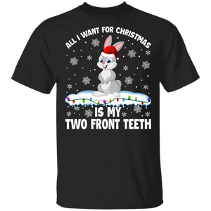 Christmas Bunny Shirt All I Want For Christmas Is My Two Front Teeth Funny Christmas Santa Rabbit Bunny Lover Gifts T-Shirt - Macnystore