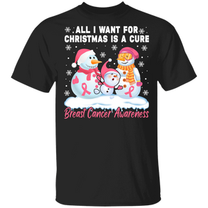 Christmas Snowman Shirt All I Want For Christmas Is A Cure Cool Christmas Breast Cancer Awareness Snowman Gifts T-Shirt - Macnystore