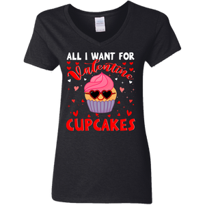 All I Want For Valentine  Cupcakes Wearing Sunglasses Ladies V-Neck T-Shirt - Macnystore