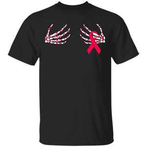 Skeleton Hands On Chest Breast Cancer Ribbon T-Shirt - Macnystore