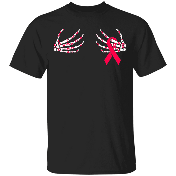 Skeleton Hands On Chest Breast Cancer Ribbon T-Shirt - Macnystore
