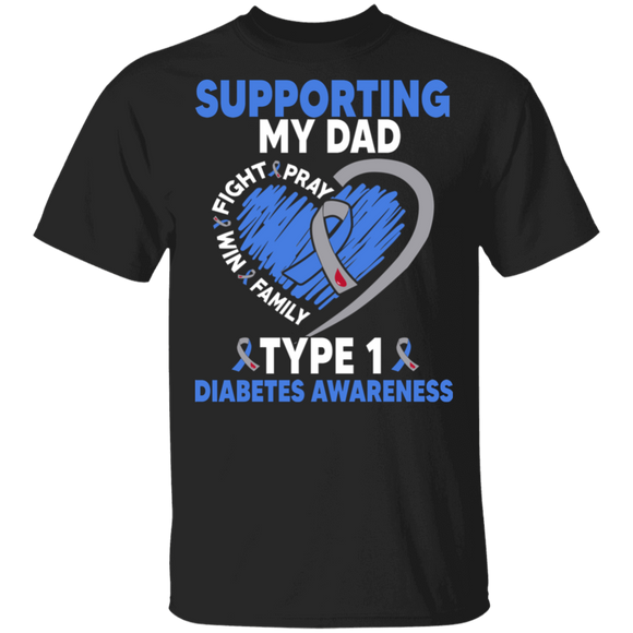 Diabetes Awareness Shirt Supporting My Dad Type 1 Diabetes Cool T1D Kids Diabetic Awareness Ribbon Heart Dad Family Gifts T-Shirt - Macnystore