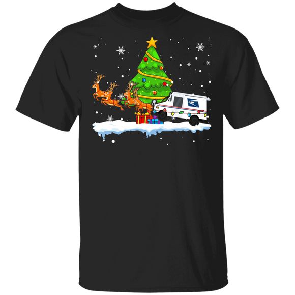 Christmas Reindeer Shirt USPS Mail Car Reindeer Funny Christmas Tree Lights Mailman Postal Worker Gifts T-Shirt - Macnystore