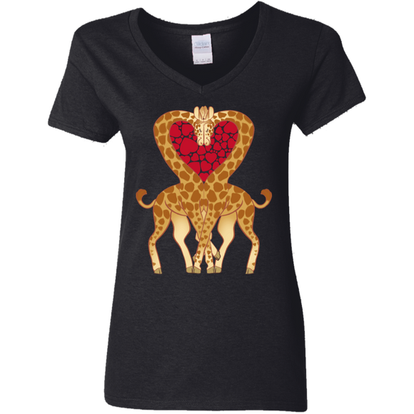 Cute Giraffe Heart Valentine Couple Gifts Ladies V-Neck T-Shirt - Macnystore