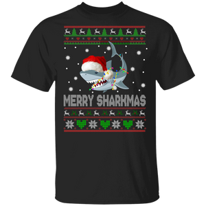 Christmas Shark Shirt Merry Sharkmas Ugly Funny Christmas Sweater Santa Shark Lover Gifts T-Shirt - Macnystore