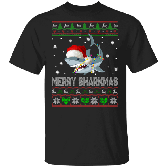 Christmas Shark Shirt Merry Sharkmas Ugly Funny Christmas Sweater Santa Shark Lover Gifts T-Shirt - Macnystore