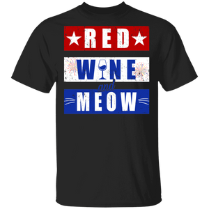 Red Wine And Meow Cool American Flag Cat Lover 4th Of July Independence Day Gifts T-Shirt - Macnystore