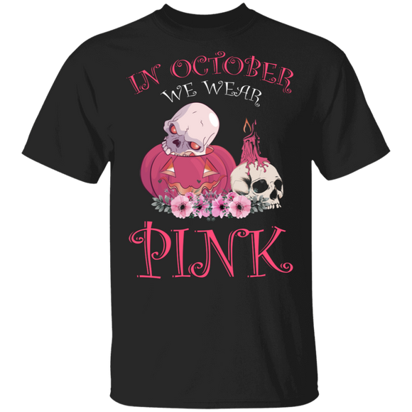 In October We Wear Pink Pumpkin Skull Breast Cancer T-Shirt - Macnystore