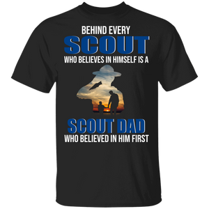 Behind Every Scout Who Believe In Himself Is A Dad Cool Baseball Ball Shirt Matching Scout Fans Father's Day Gifts T-Shirt - Macnystore
