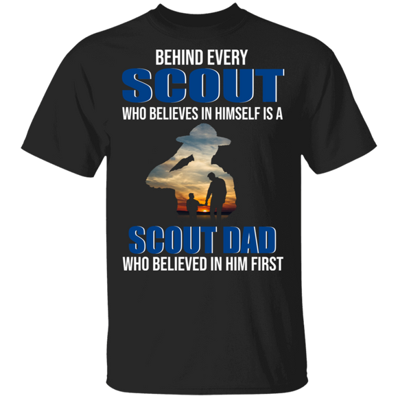 Behind Every Scout Who Believe In Himself Is A Dad Cool Baseball Ball Shirt Matching Scout Fans Father's Day Gifts T-Shirt - Macnystore