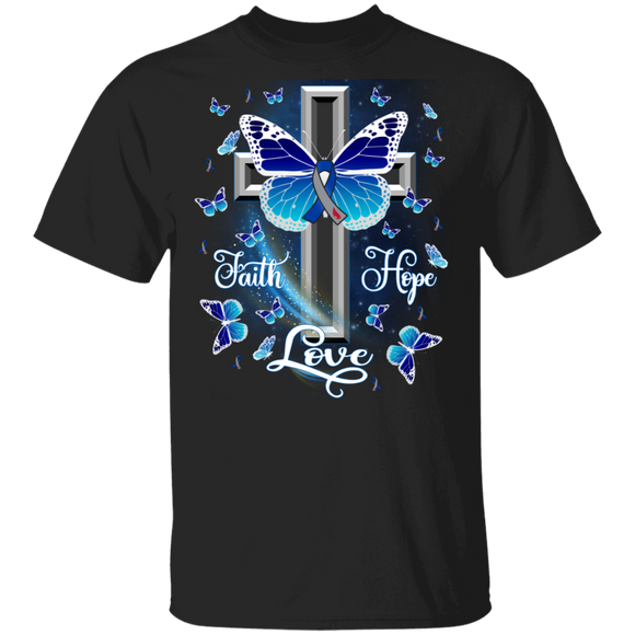 Faith Hope Love Cute Blue Ribbon Butterflies Christian Cross Shirt Matching Diabetes Patient Supporter Diabetes Awareness Gifts T-Shirt - Macnystore