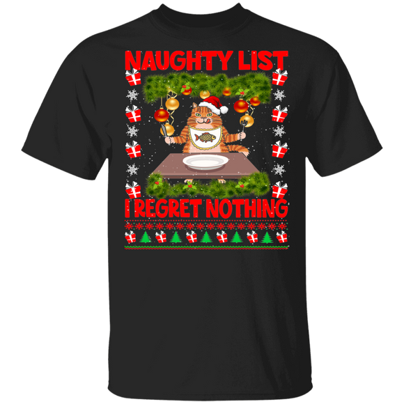 Christmas Cat Lover Shirt Naughty List I Regret Nothing Ugly Funny Christmas Sweater Santa Cat Eating At Table Gifts T-Shirt - Macnystore