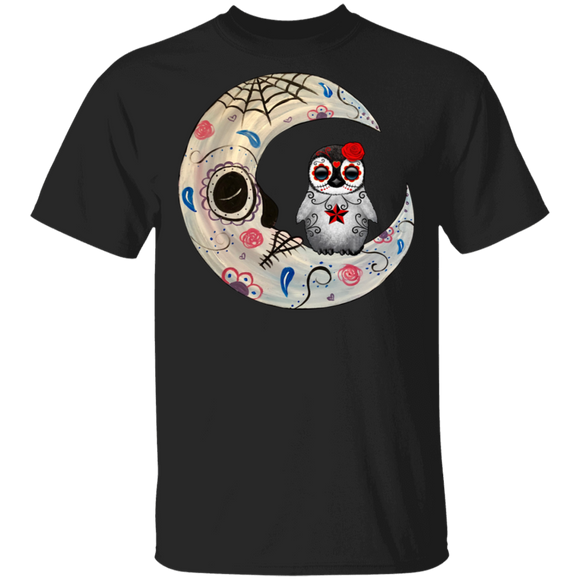 Owl Sugar Skull Sitting On Scary Moon Matching Halloween Gifts T-Shirt - Macnystore
