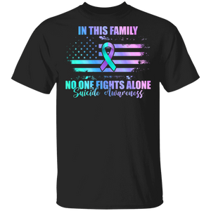 Suicide Prevention Awareness Shirt In This Family No One Fights Alone Cool Suicide Prevention Awareness Ribbon American Flag Gifts T-Shirt - Macnystore