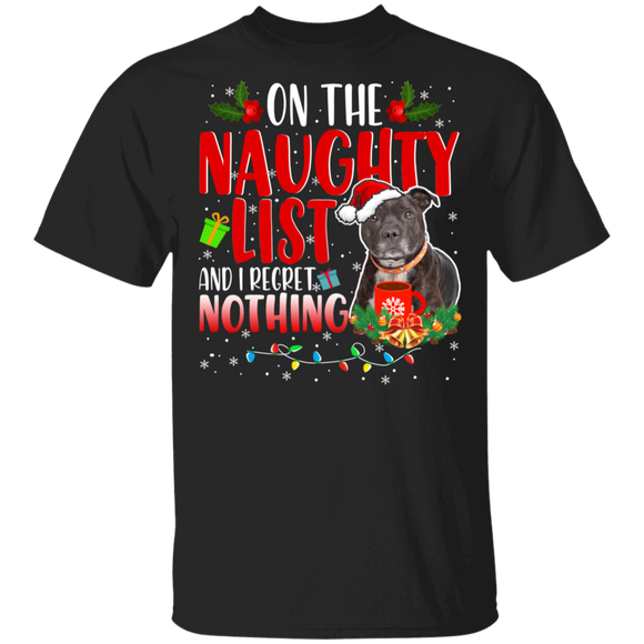 Christmas Dog Shirt On Naughty List And I Regret Nothing Funny Christmas Santa Black Pitbull Dog Lover Gifts T-Shirt - Macnystore