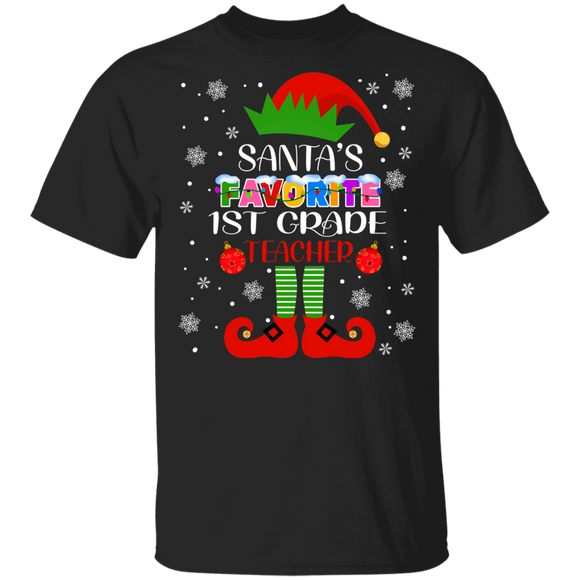 Christmas Elf Shirt Santa's Favorite 1st Grade Teacher Funny Christmas Elf Lover Matching Teacher Group Gifts T-Shirt - Macnystore