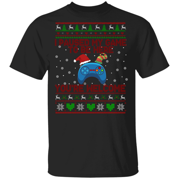Christmas Gamer Shirt Paused My Game To Be Here Funny Christmas Sweater Santa Elf Game Handle Gamer Lover Gifts Christmas T-Shirt - Macnystore