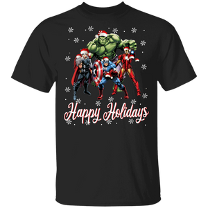 Christmas Movie Lover Shirt Happy Holidays Cool Christmas Santa Superheroes Thor Hulk Captain America Iron Man Movies Lover Gifts T-Shirt - Macnystore