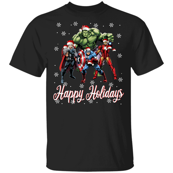 Christmas Movie Lover Shirt Happy Holidays Cool Christmas Santa Superheroes Thor Hulk Captain America Iron Man Movies Lover Gifts T-Shirt - Macnystore