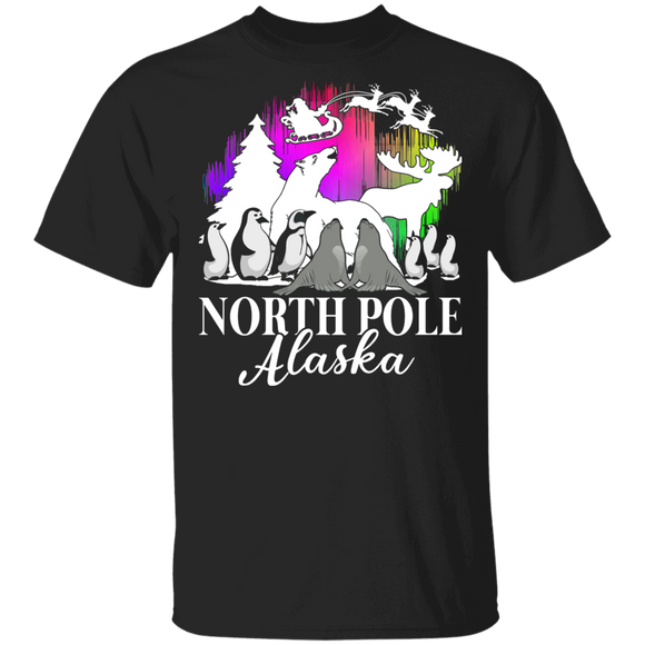 Christmas Animals Shirt North Pole Alaska Cool Christmas Aurora Borealis Town Animal Polar Bear Penguin Deer Gifts T-Shirt - Macnystore