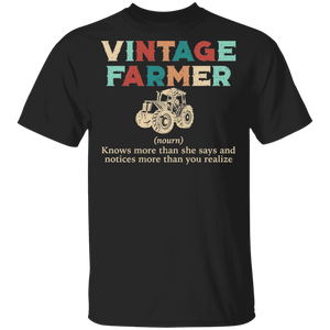 Vintage Farmer Definition Knows More Than She Says Funny Farmer Farming Lover Women Mom Dad Shirt T-Shirt - Macnystore