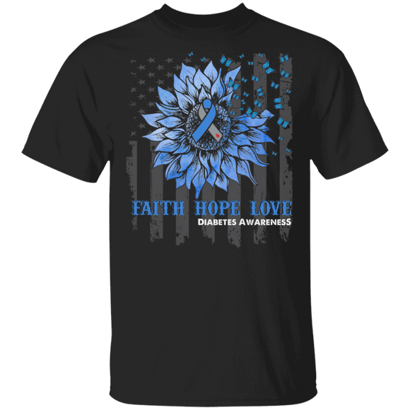 Faith Hope Love Diabetes Cute Blue Ribbon Sunflower American Flag Shirt Matching Diabetes Awareness Gifts T-Shirt - Macnystore