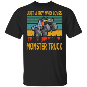 Vintage Retro Just A Boy Who Loves Monster Truck Funny Monster Truck Lover Gifts T-Shirt - Macnystore
