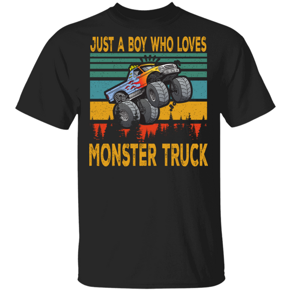 Vintage Retro Just A Boy Who Loves Monster Truck Funny Monster Truck Lover Gifts T-Shirt - Macnystore