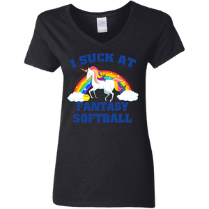 I Suck At Fantasy Softball Funny Magical Unicorn Ladies V-Neck T-Shirt - Macnystore