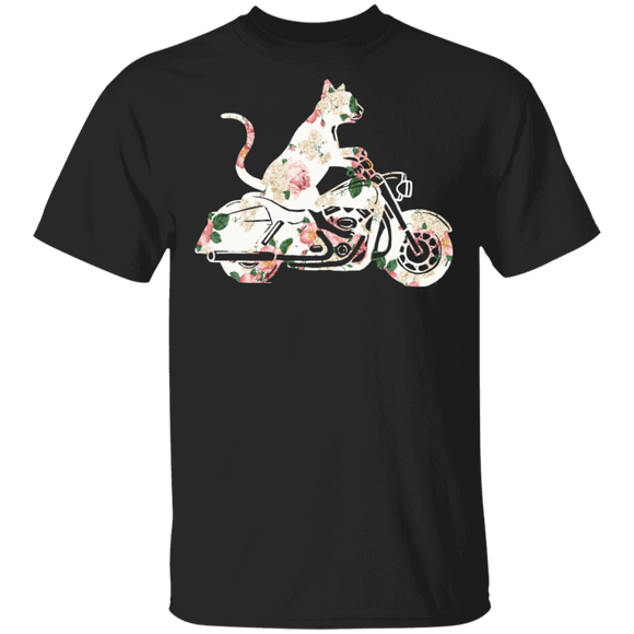 Floral Cat Riding Motorcycle Matching Cat Lover Owner Biker Women Gifts T-Shirt - Macnystore