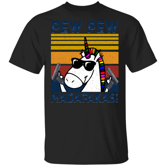 Vintage Retro Pew Pew Madafakas Funny Unicorn Holding Guns Gifts T-Shirt - Macnystore