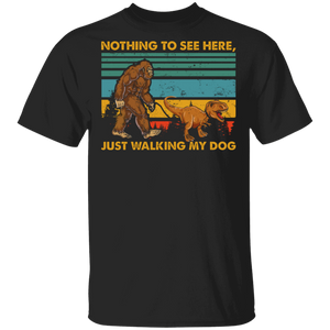 Bigfoot T-Rex Dog Lover Shirt Vintage Retro Nothing To See Here Just Walking My Dog Funny Bigfoot T-Rex Dog Lover Gifts T-Shirt - Macnystore