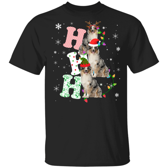 Christmas Santa Shirt Ho Ho Ho Funny Christmas Light Santa Elf Reindeer Australian Shepherd Dog Lover Gifts T-Shirt - Macnystore
