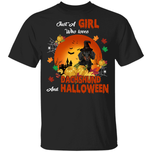 Cute Just A Girl Who Loves Dachshund Dog And Halloween Witch T-Shirt - Macnystore