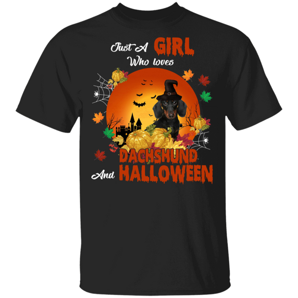 Cute Just A Girl Who Loves Dachshund Dog And Halloween Witch T-Shirt - Macnystore