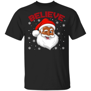 Christmas Santa Shirt Believe Funny Christmas Winking Santa Black African American Pride Gifts T-Shirt - Macnystore