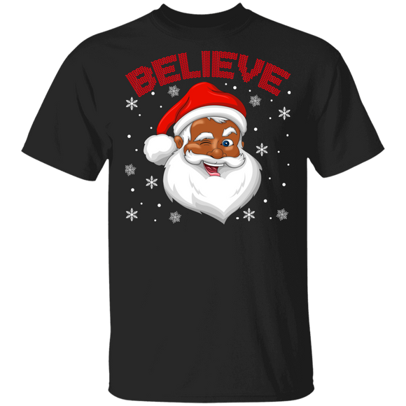 Christmas Santa Shirt Believe Funny Christmas Winking Santa Black African American Pride Gifts T-Shirt - Macnystore