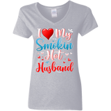 I Love My Smokin Hot Husband Cute Valentine Couple Ladies V-Neck T-Shirt - Macnystore