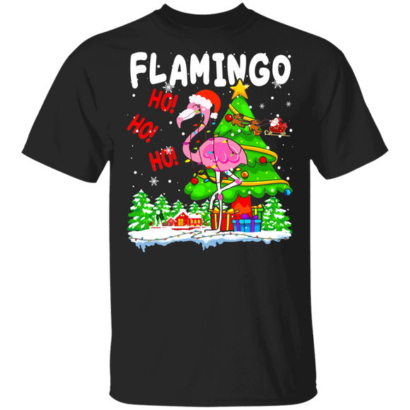 Christmas Flamingo Shirt Flamingo Ho-Ho-Ho Funny Christmas Light Santa Pink Flamingo Lover Gifts T-Shirt - Macnystore