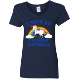 I Suck At Fantasy Softball Funny Magical Unicorn Ladies V-Neck T-Shirt - Macnystore