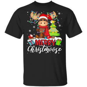 Santa Moose Christmas Lights Moose Merry Christmoose Matching Moose Lover Gifts T-Shirt - Macnystore