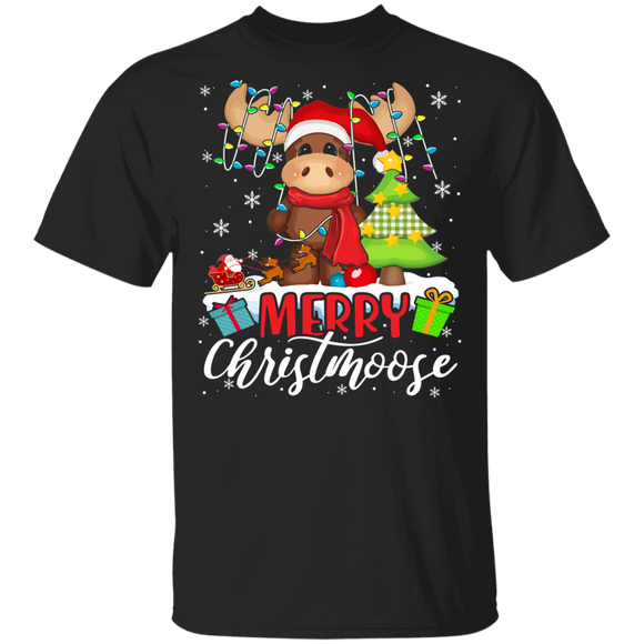 Santa Moose Christmas Lights Moose Merry Christmoose Matching Moose Lover Gifts T-Shirt - Macnystore