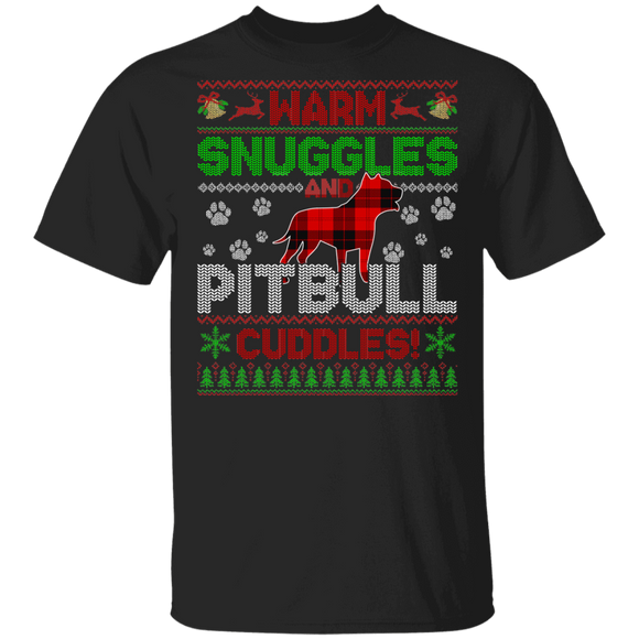 Christmas Dog Lover Shirt Warm Snuggles And Pitbull Cuddles Ugly Funny Christmas Sweater Dog Red Buffalo Plaid Gifts T-Shirt - Macnystore