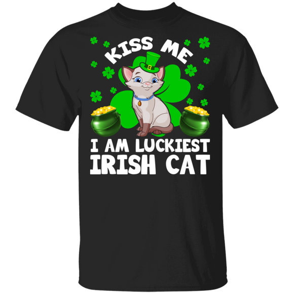 Kiss Me I Am Luckiest Irish Cat Leprechaun Pet Funny St Patrick's Day Mens Womens St Patty's Day Irish Gifts T-Shirt - Macnystore
