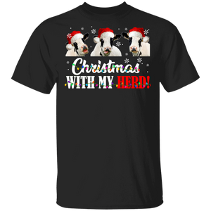 Christmas Cow Lover Shirt Christmas With My Herd Cool Christmas Light Santa Cow Cattle Farmer Lover Gifts Christmas T-Shirt - Macnystore