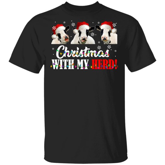 Christmas Cow Lover Shirt Christmas With My Herd Cool Christmas Light Santa Cow Cattle Farmer Lover Gifts Christmas T-Shirt - Macnystore
