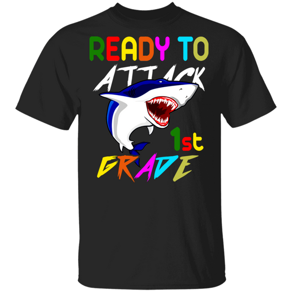 Ready To Attack 1st Grade Cool Shark First Day Of School Kids Student Gifts T-Shirt - Macnystore